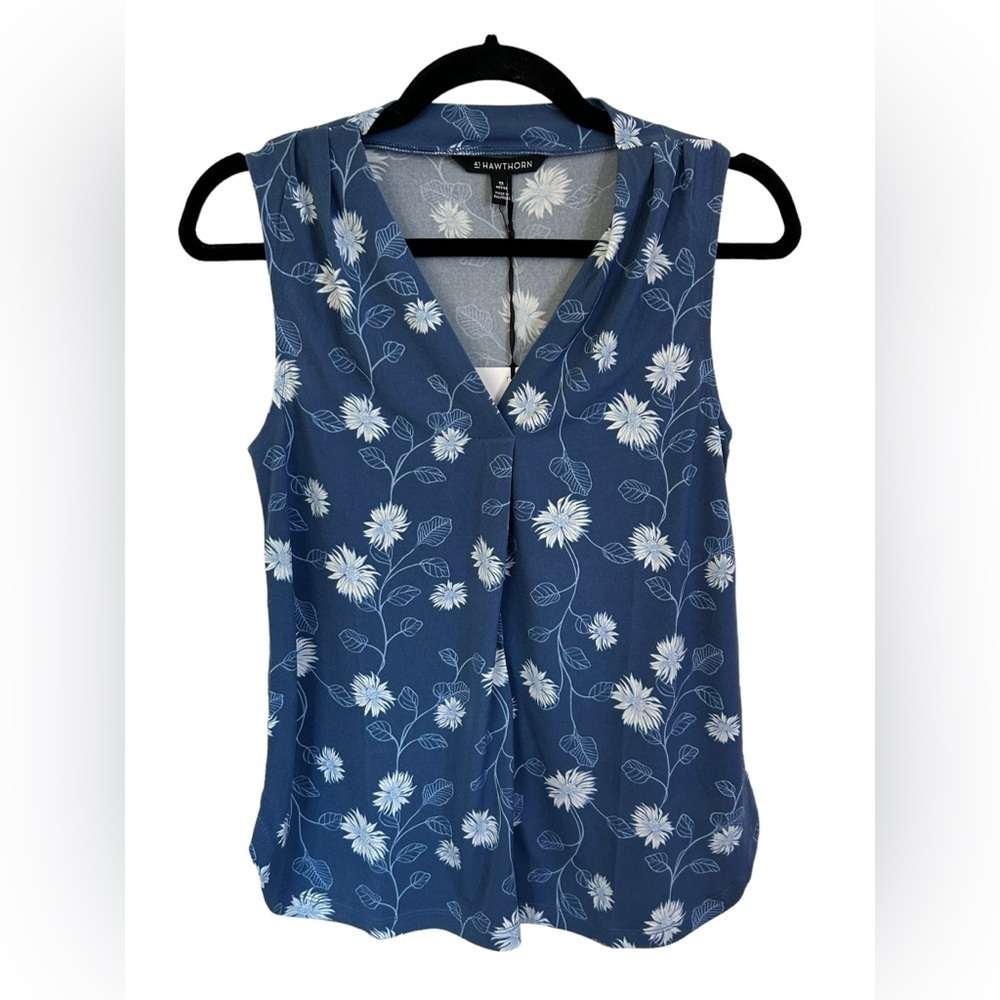 41 Hawthorn Blue Floral Slinky Sleeveless V-Neck Blouse Top Size XS Petite NWT